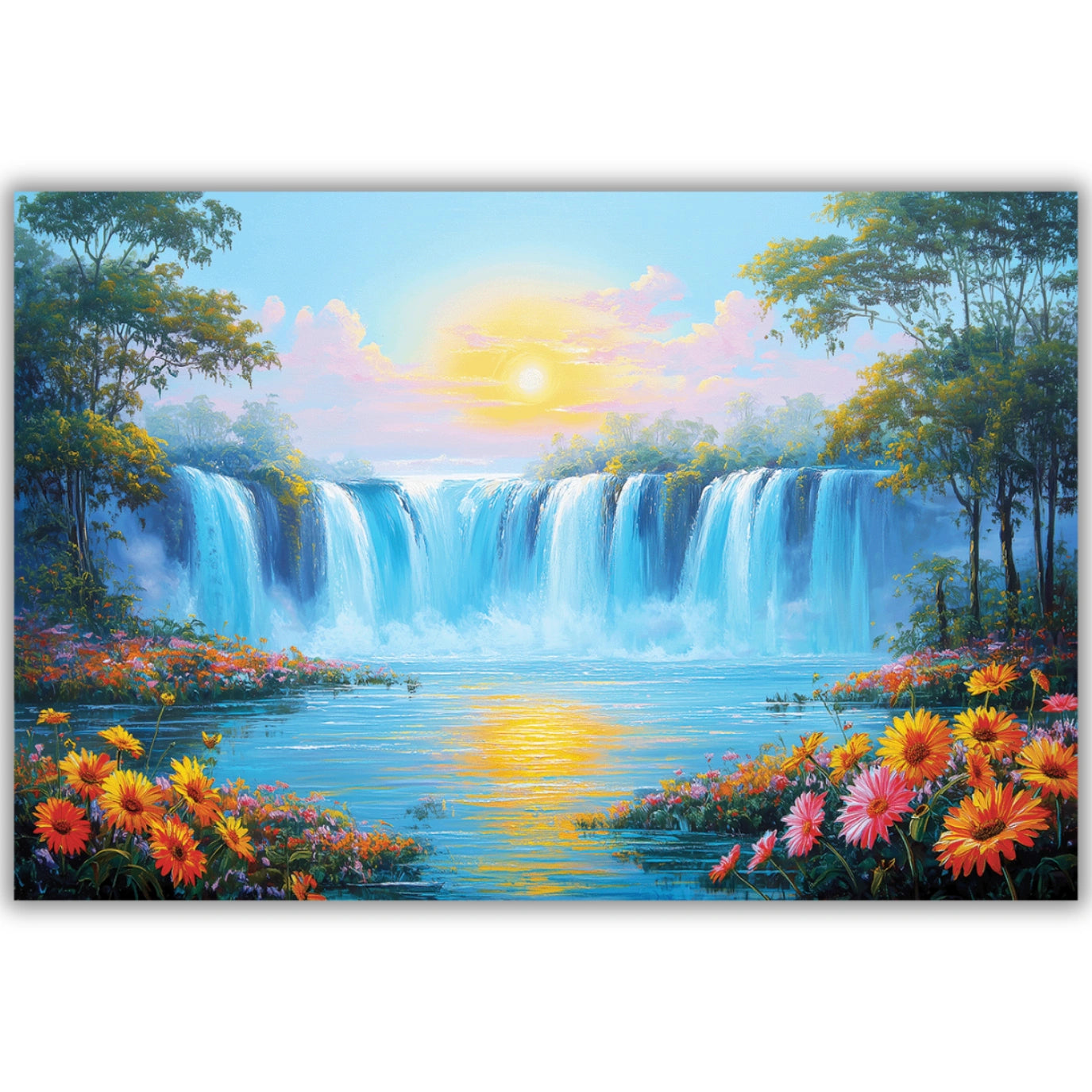 Scenic painting of a waterfall with flowers and a bright sky