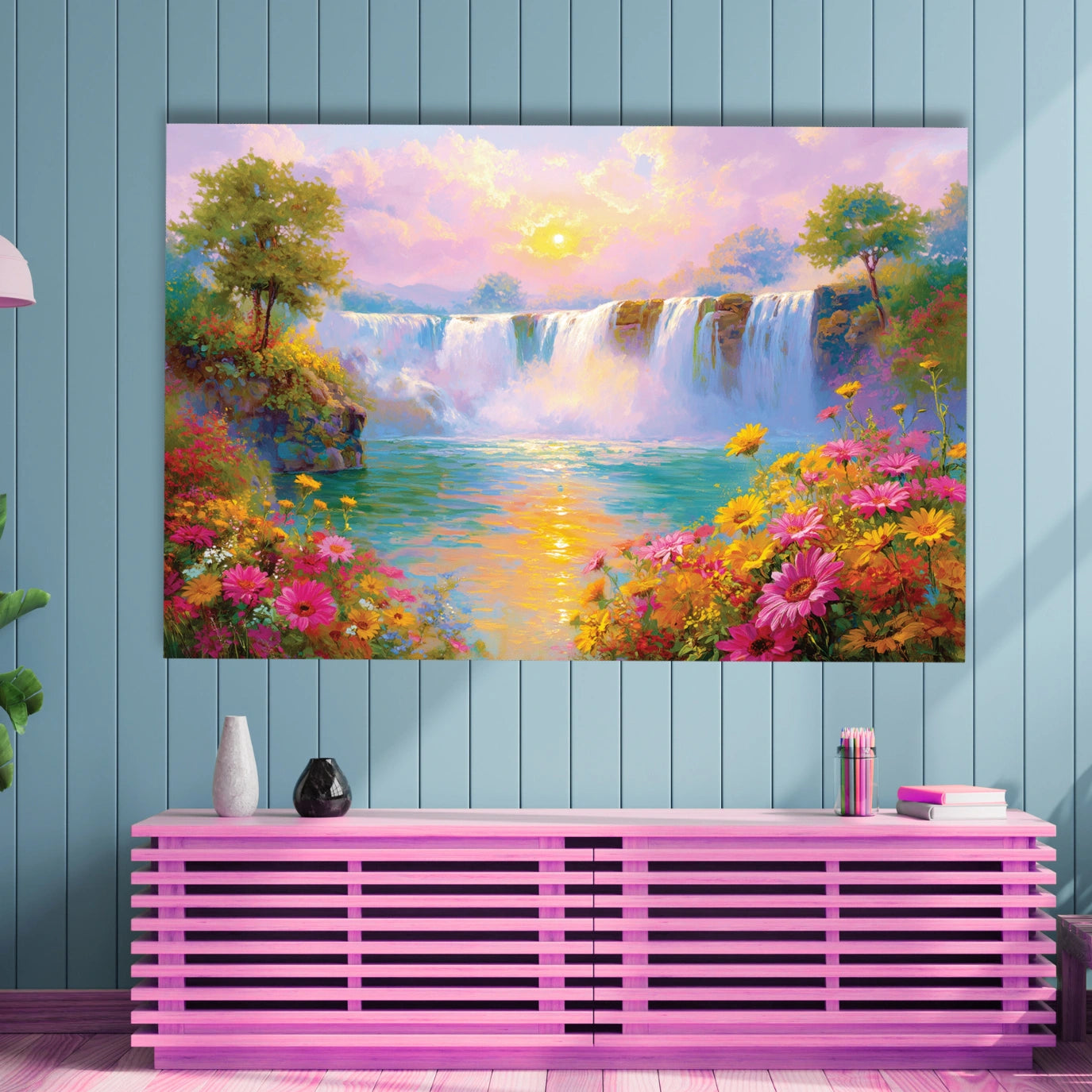 Painting of a waterfall and flowers 