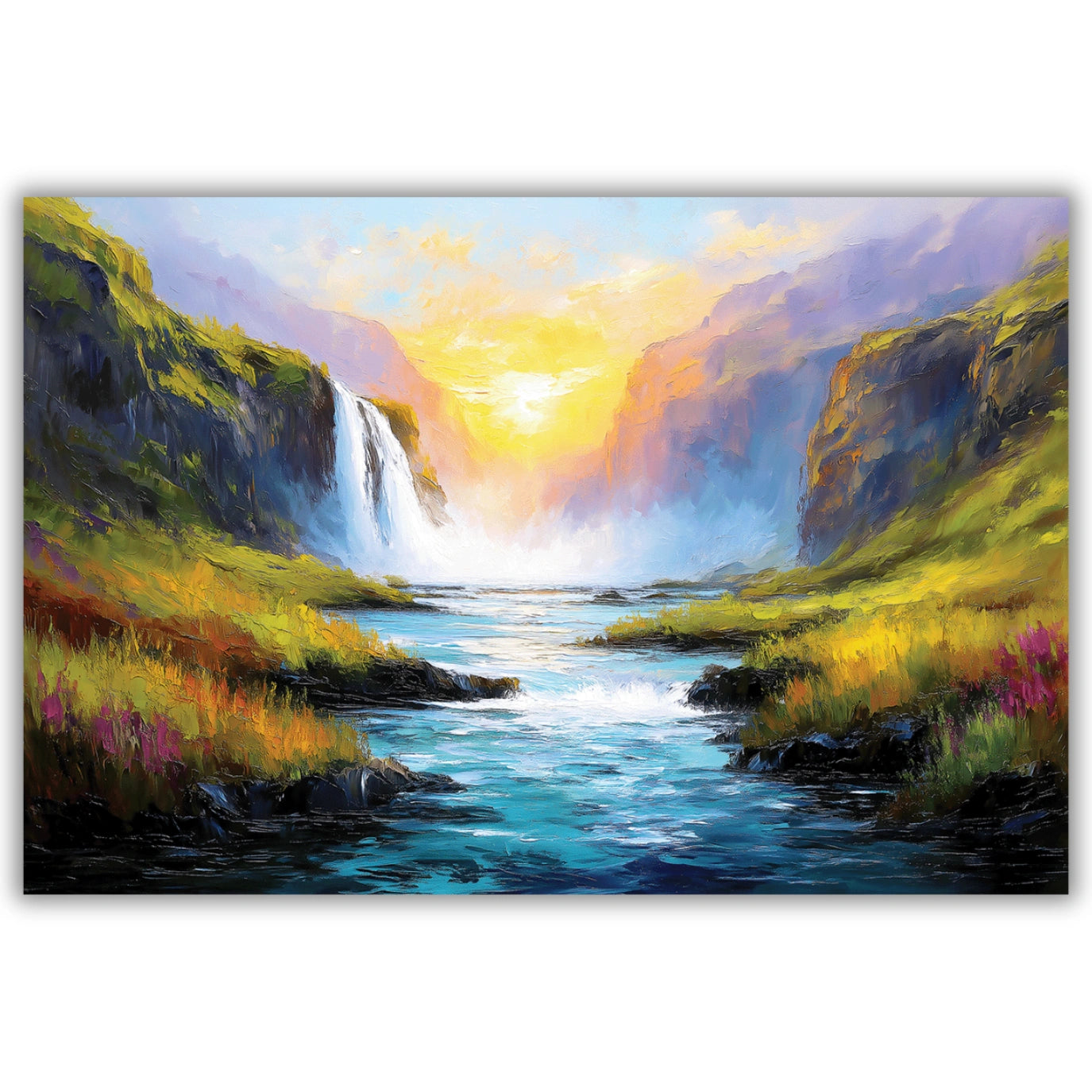 Painting of a scenic landscape with a waterfall and river