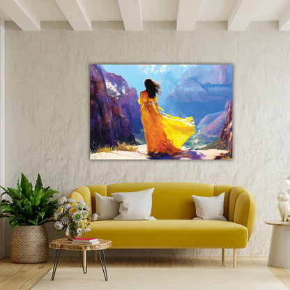 Living room with a yellow sofa, decorative pillows, and a large painting of a woman in a yellow dress against a mountainous landscape.
