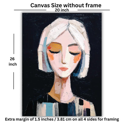 Canvas size without frame with dimensions and margin information for a wall painting of a woman